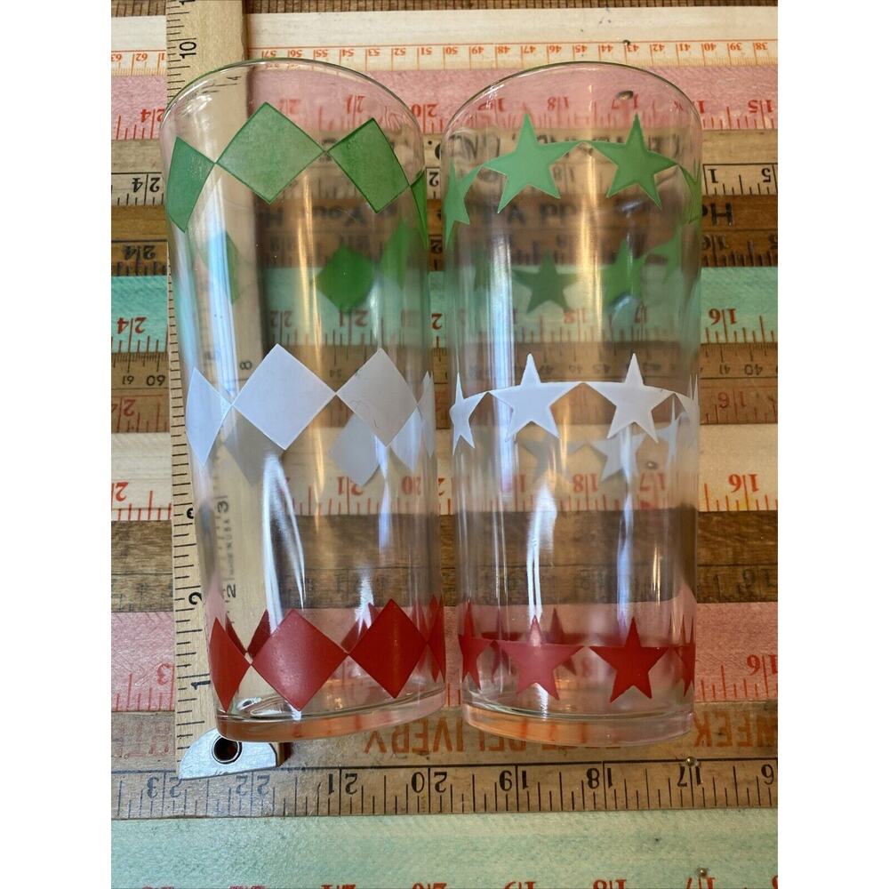 2 Vintage Red Green White Diamond Star Atomic Pattern MCM Tumbler Drinking Glass - Picture 8 of 8